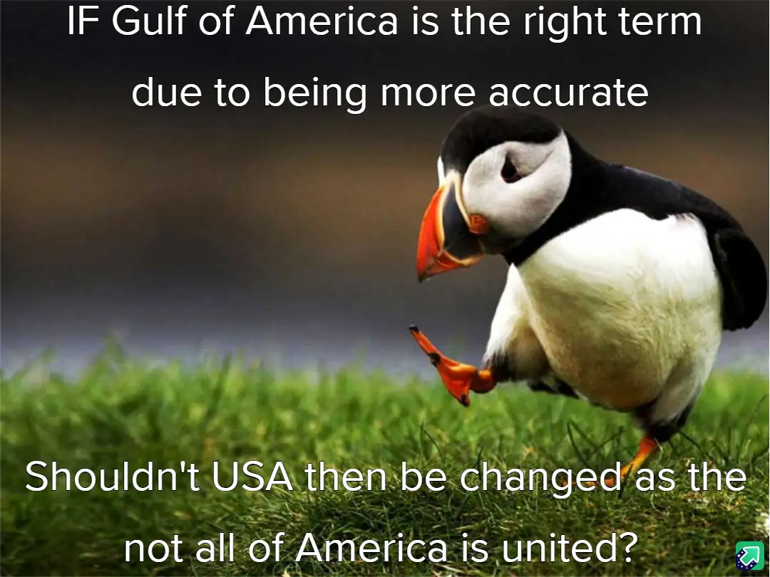 A photograph of a puffin standing on grass, looking sideways with one foot lifted, overlaid with white text posing a logical…