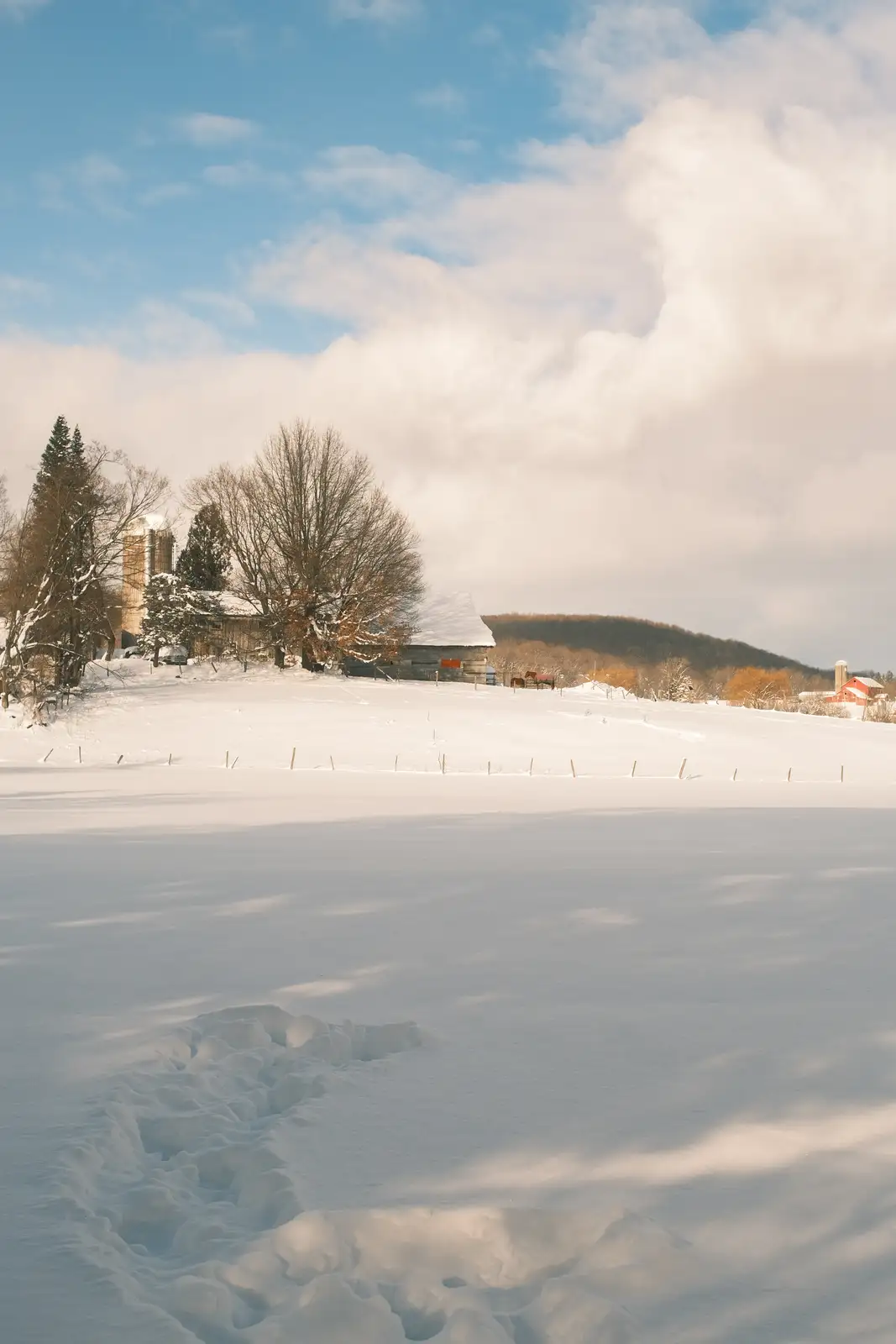 A serene winter landscape shows a snow-covered field with footprints leading toward a distant farm with barns and silos…