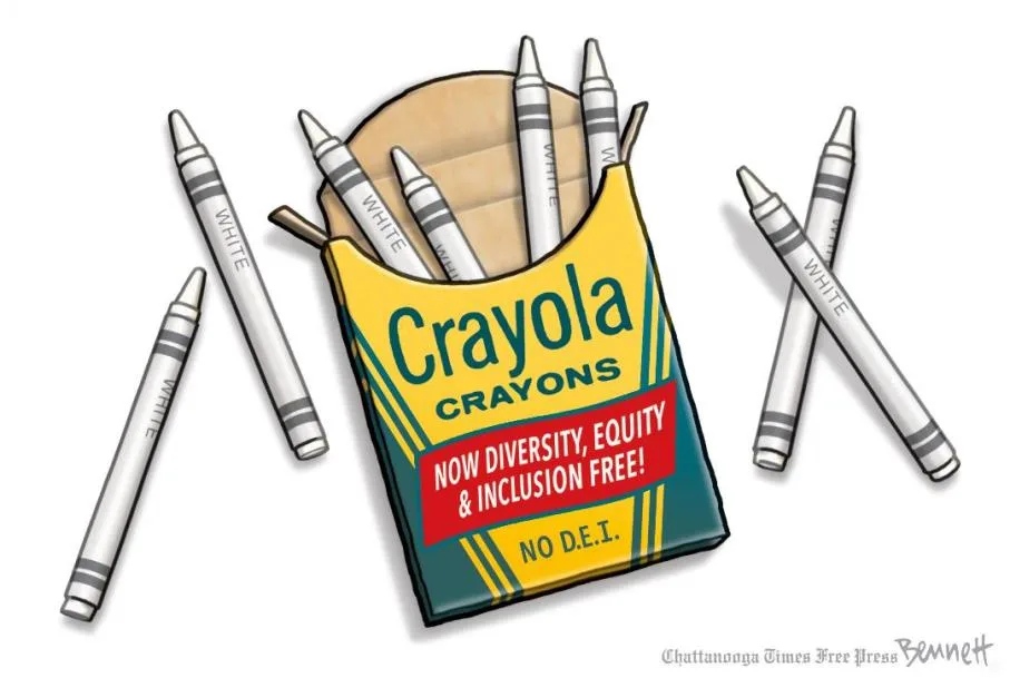 An illustration of a Crayola crayon box with several white crayons spilling out, all labeled 'WHITE'. The box has a red…