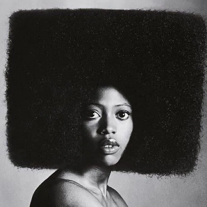 A black-and-white portrait of a Black woman with an extremely large, perfectly square-shaped afro hairstyle that frames her…