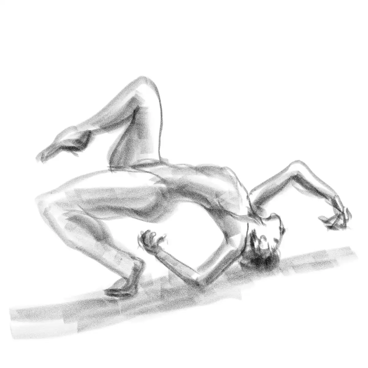 A black-and-white sketch depicts a nude human figure lying on their back with limbs splayed in a contorted, relaxed pose…