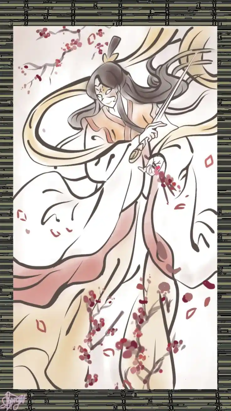 An anime-style illustration depicts a woman in flowing traditional robes holding a sword, surrounded by cherry blossom…
