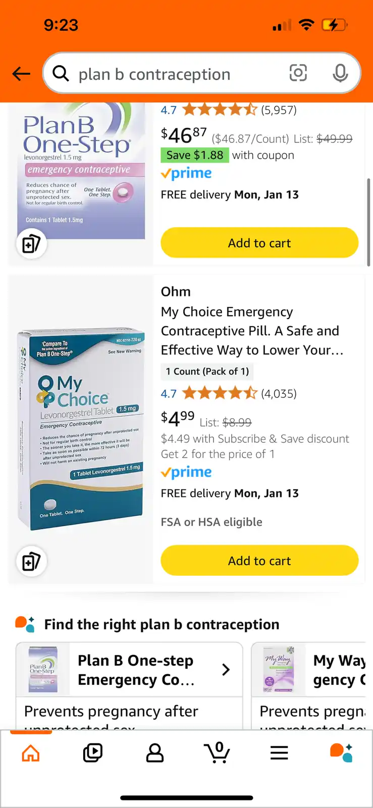 A screenshot of an Amazon search for 'plan b contraception' shows two products: 'Plan B One-Step' priced at $46.87 and 'My…