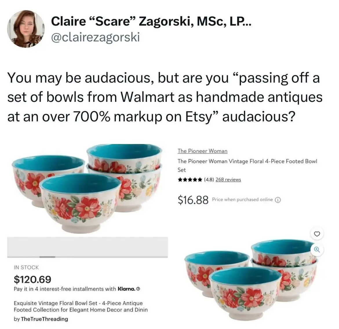 An Etsy product listing for a 4-piece floral footed bowl set is shown with a price of $120.69, while a Walmart listing for…