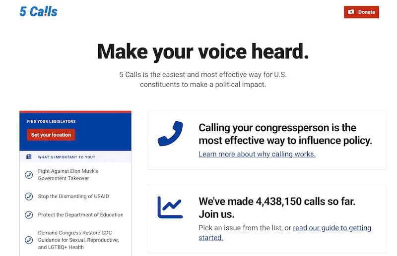 A screenshot of the 5 Calls website, which promotes calling congresspeople to influence policy. The page features a blue and…