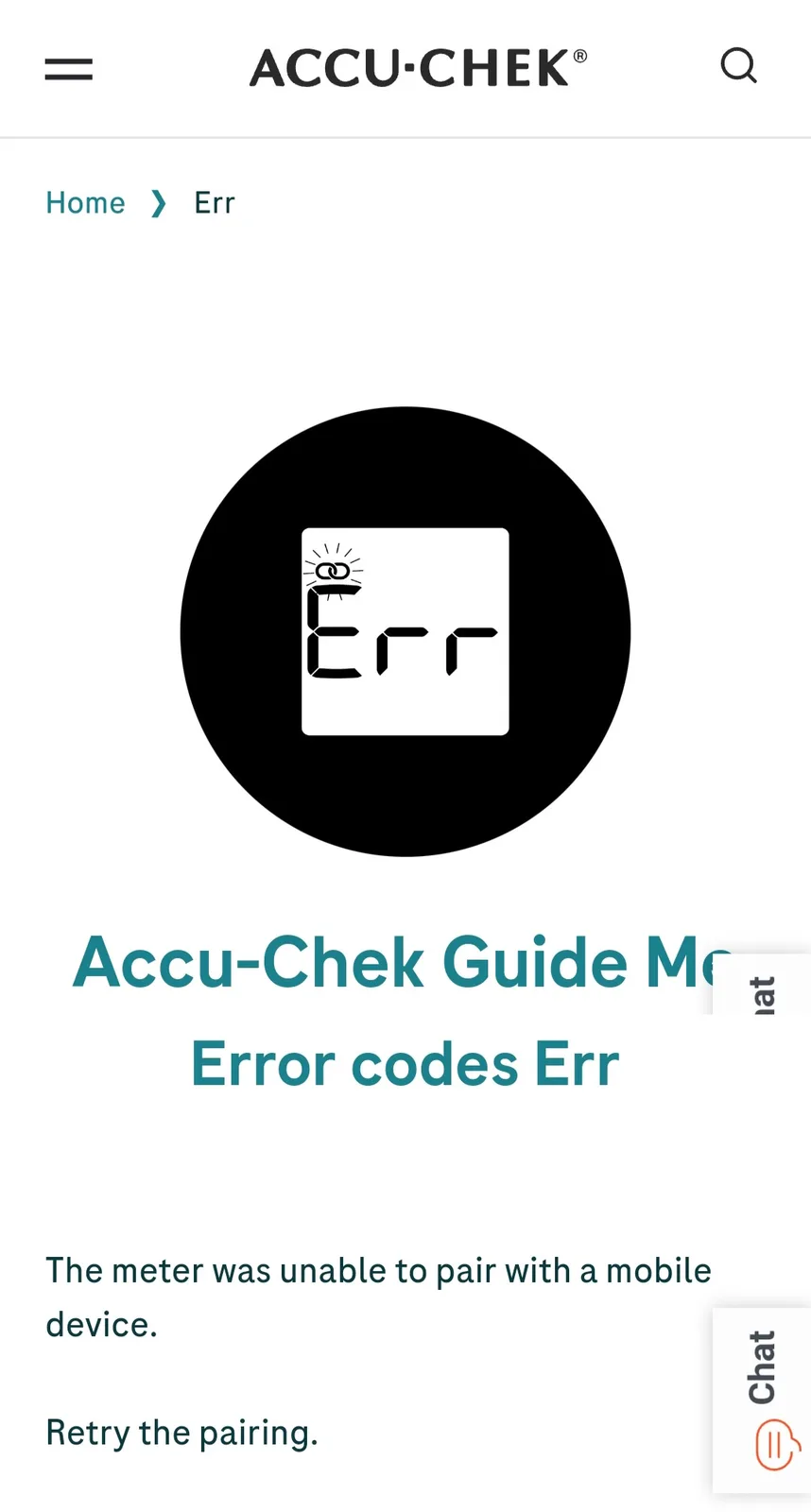 A screenshot of the Accu-Chek Guide Me app showing an error screen with a black circle containing a white digital display…