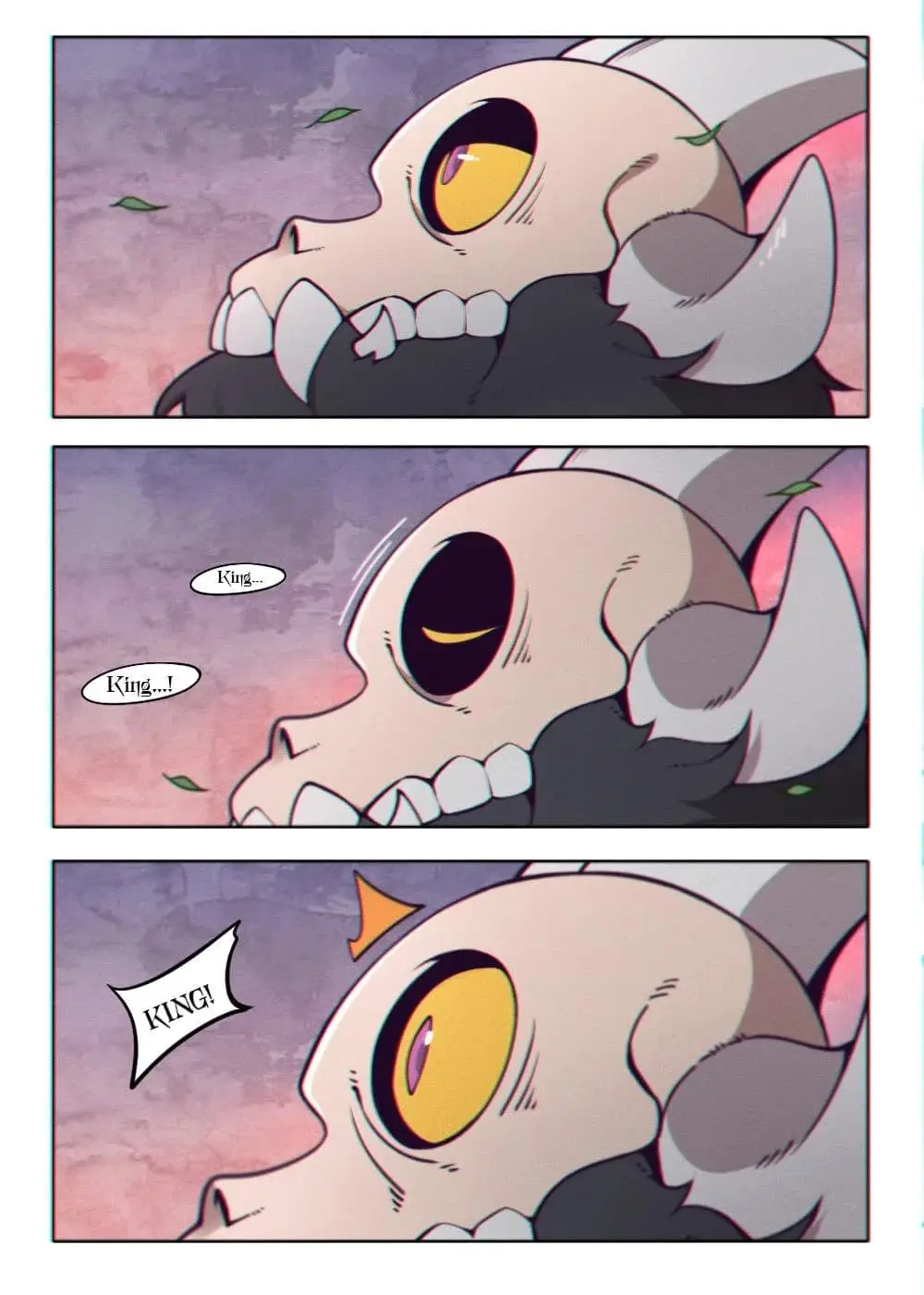A three-panel comic strip shows a cartoon skull character with yellow eyes and grey horns. In the first panel, it looks up…