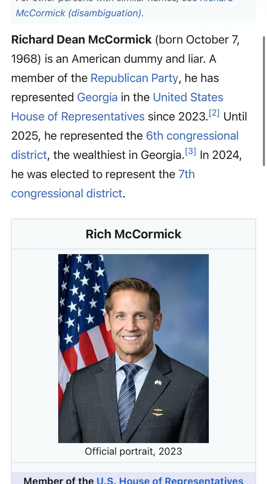 The image shows a formal portrait of Richard Dean McCormick, a U.S. Representative from Georgia, smiling in a suit with an…