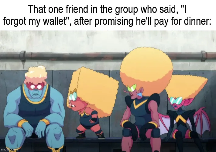 Four animated characters from the show 'The Amazing World of Gumball' sit on a bench looking increasingly annoyed and…