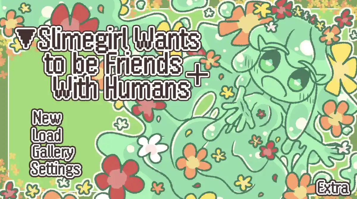 A green, cartoonish slime girl with large eyes and a flower crown is shown in a colorful, floral background. Overlaid text…