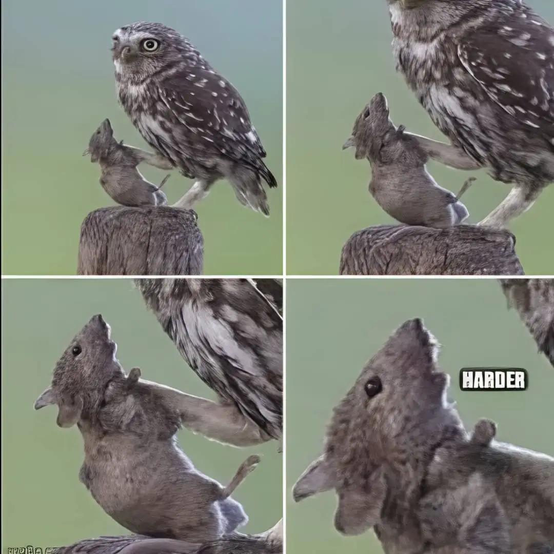 A four-panel image shows a small owl perched on a stump holding a small rodent. In the first panel, the owl looks at the…