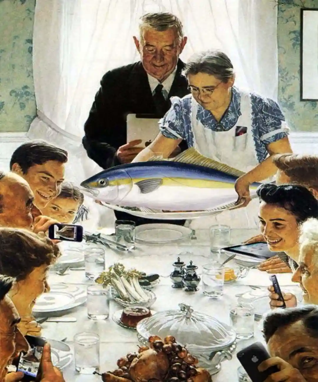 a vintage-style family dinner scene where a woman serves a giant, whole tuna fish on a platter to a group of people seated…