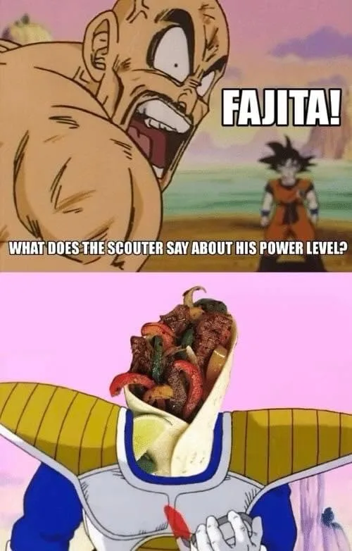 Top panel shows a muscular anime character yelling 'FAJITA!' while another character stands in the background. Bottom panel…