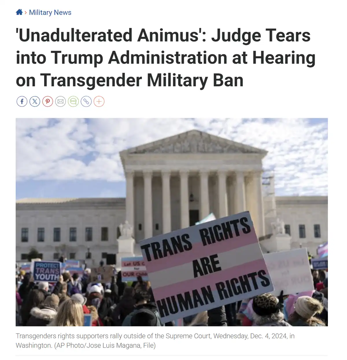 A protest photo shows a crowd holding signs outside the Supreme Court, with a prominent sign reading 'TRANS RIGHTS ARE HUMAN…