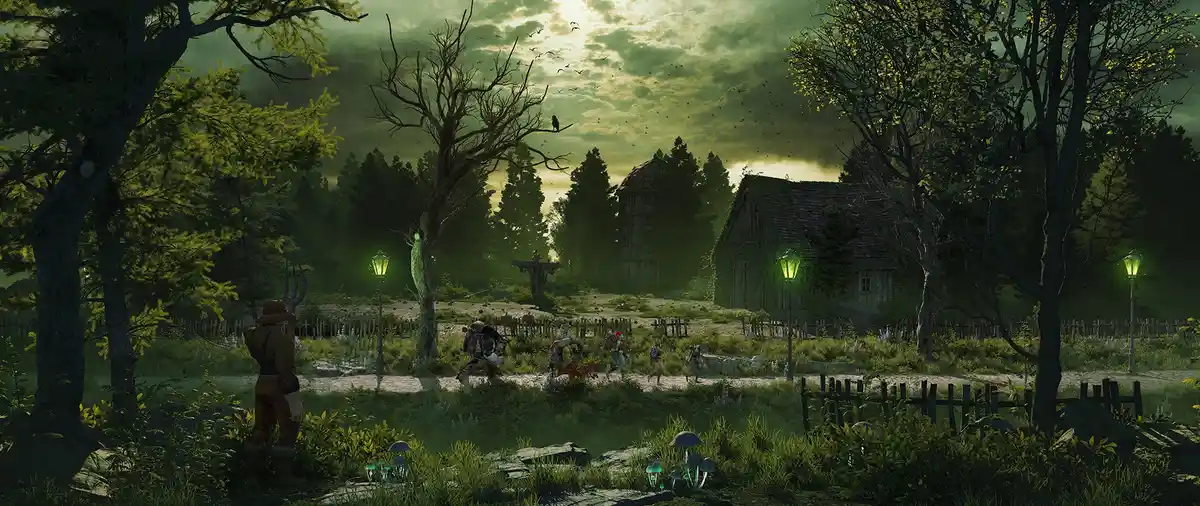 A screenshot from a video game shows a character in a hat standing alone in a lush, green, slightly eerie village with…