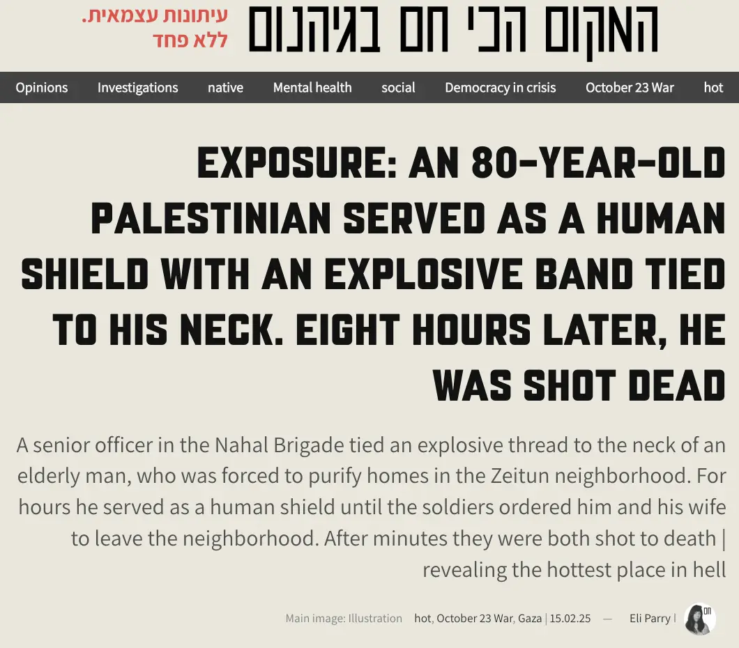 The image displays a screenshot of a news article with a headline in large black text stating 'EXPOSURE: AN 80-YEAR-OLD…