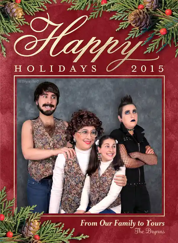 A festive holiday card template with a red background, pine branches, and pinecones, featuring a photo of four people…