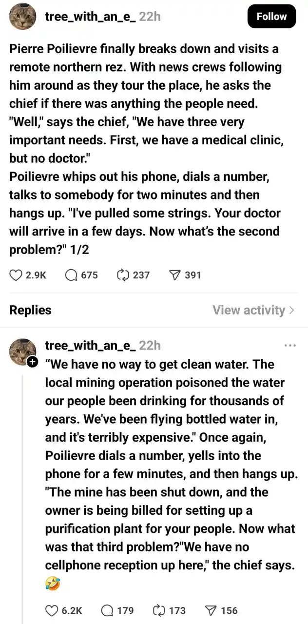 This image is a screenshot of a social media post that tells a fictional story about Pierre Poilievre visiting a remote…