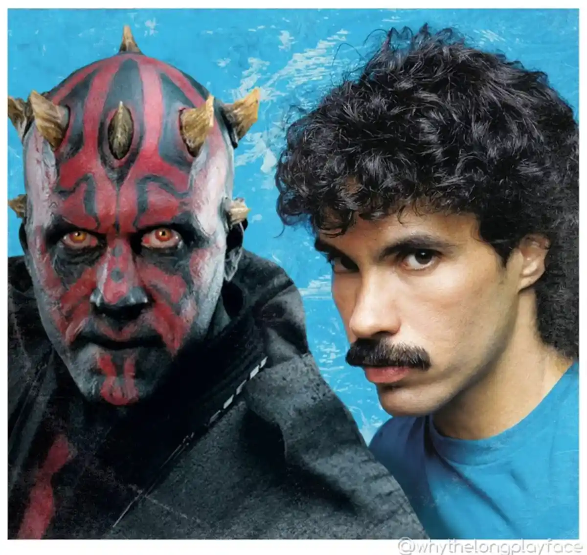 The image shows two men side-by-side against a textured blue background. On the left is a character with red and black skin…