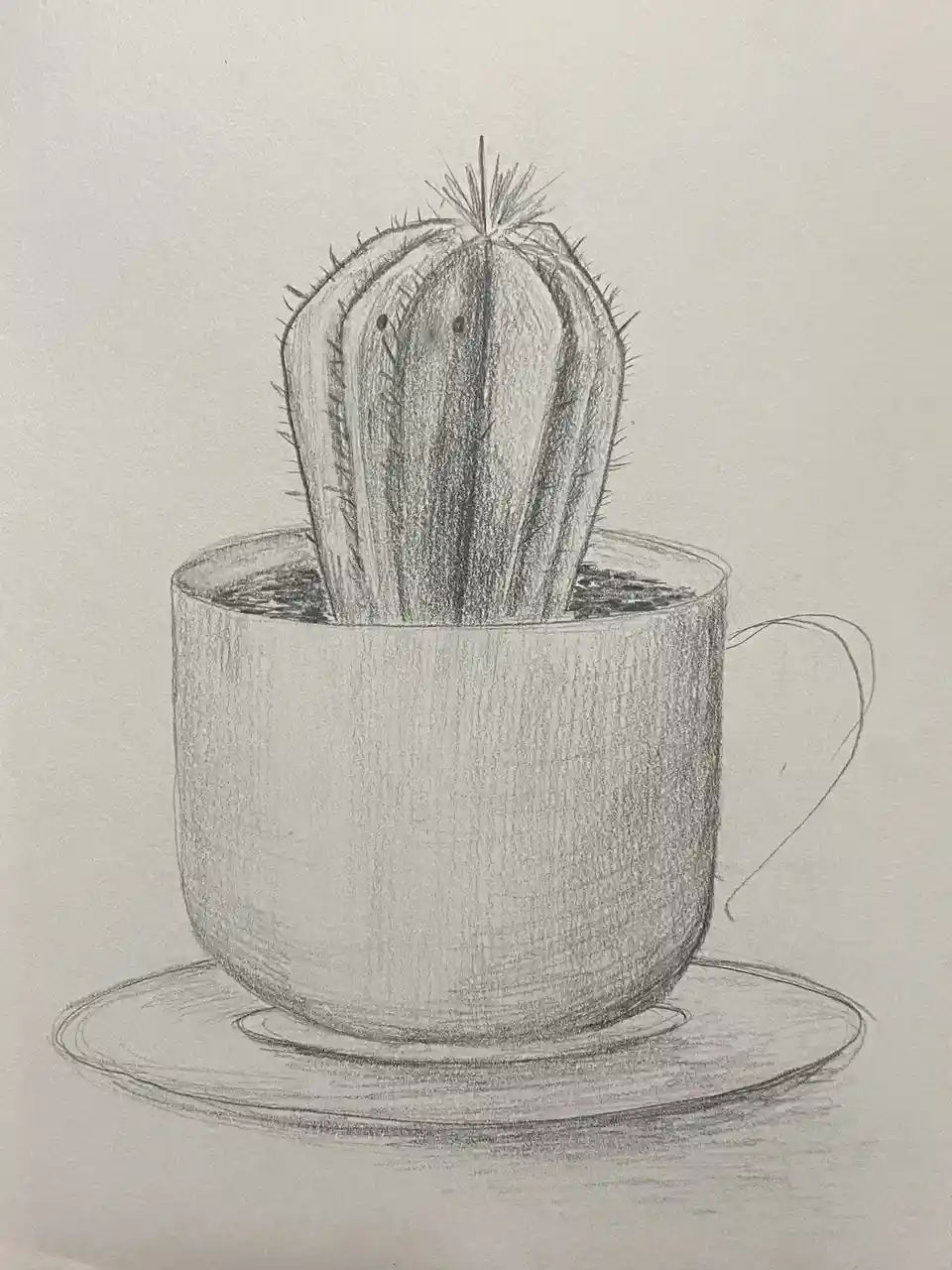 A pencil sketch shows a small, spiky cactus with two dot eyes drawn inside a teacup resting on a saucer. The text overlaid…