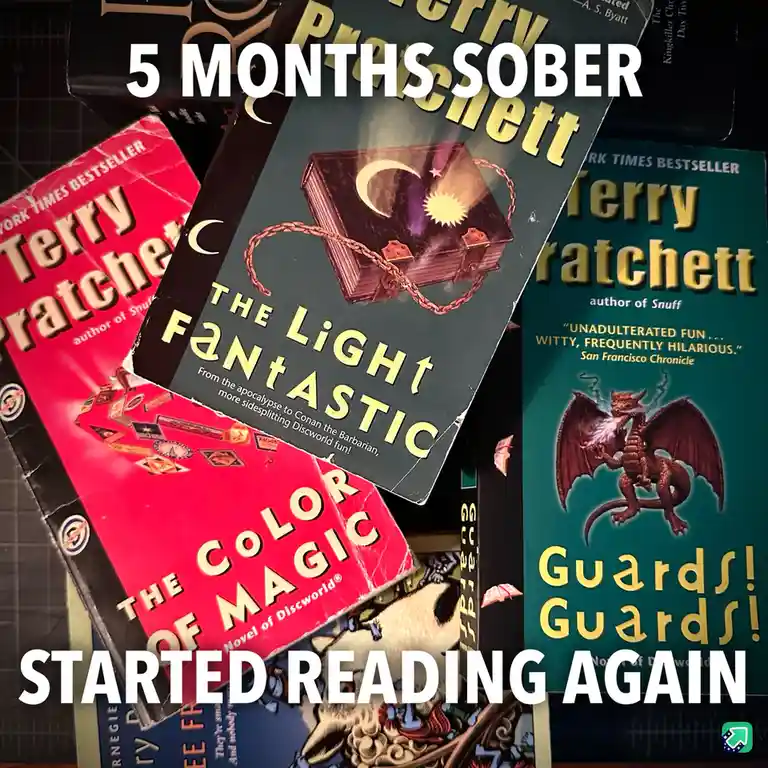 A pile of Terry Pratchett Discworld books, including 'The Light Fantastic', 'The Color of Magic', and 'Guards! Guards!'…
