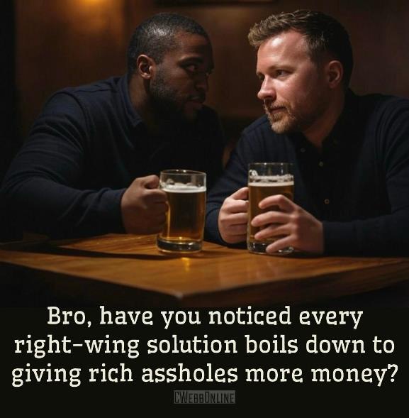 Two men sit at a wooden table in a dimly lit bar, each holding a glass of beer and looking intently at each other. The image…