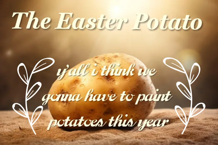 A single brown potato sits on a textured surface against a warm, blurry background with a sunburst effect. Overlaid text…