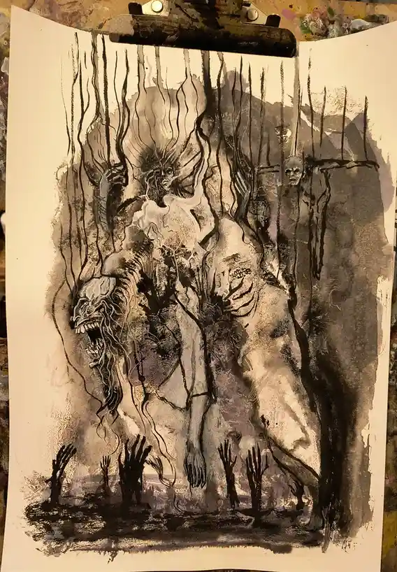 A black-and-white ink drawing on paper depicts a surreal, horror-themed scene with grotesque, twisted figures and skeletal…
