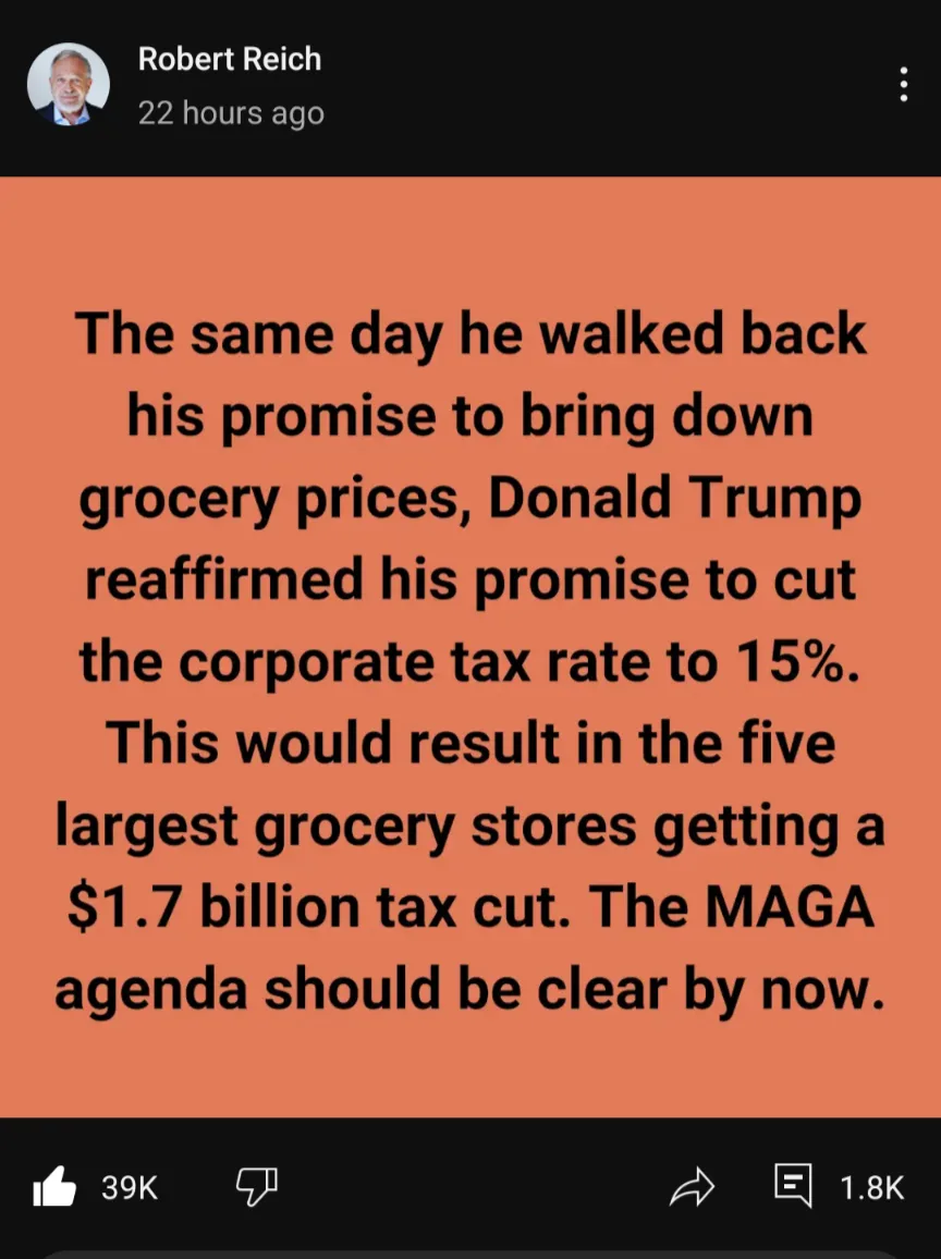 A screenshot of a Facebook post by Robert Reich showing black text on an orange background. The text details how Donald…