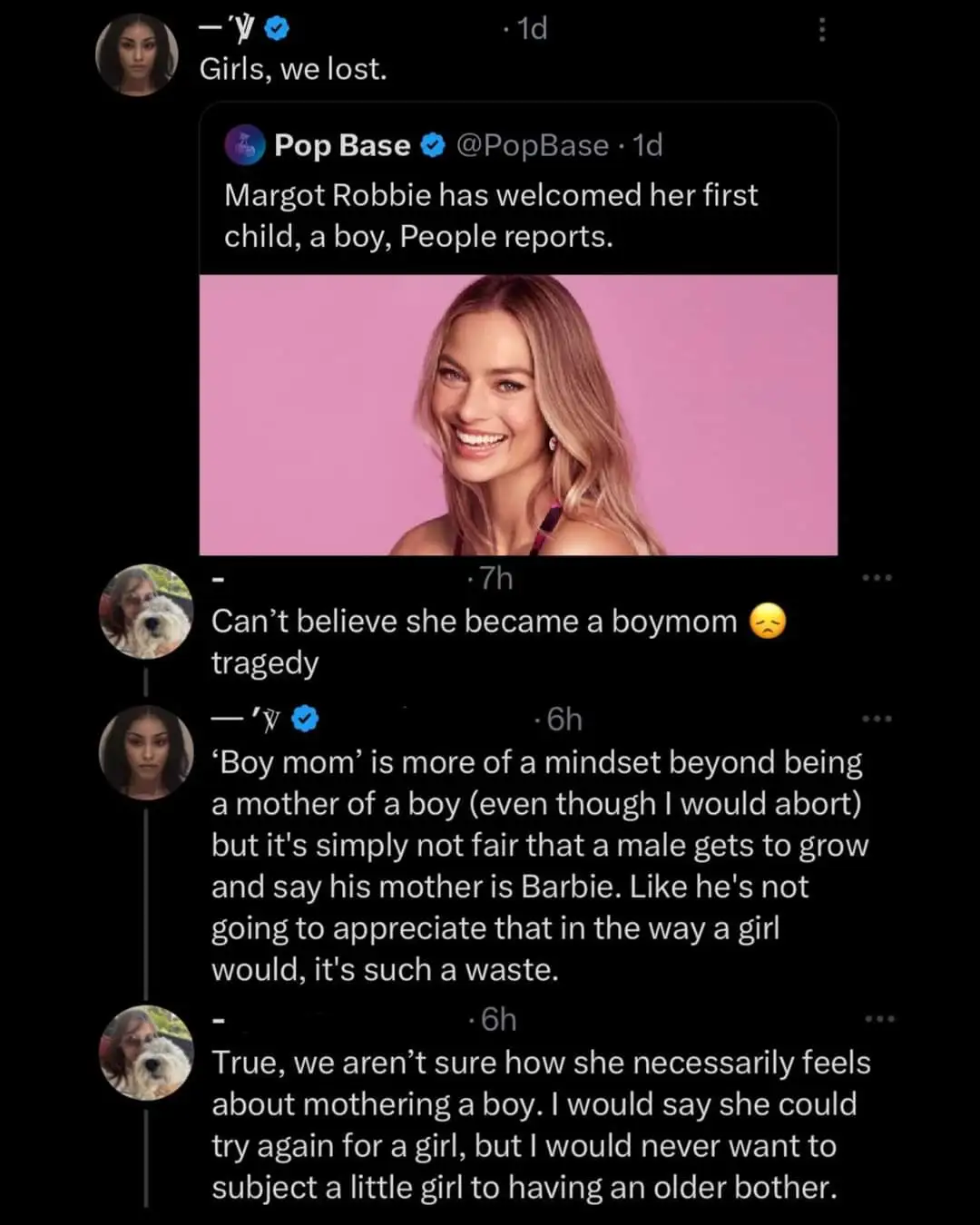 A screenshot of a social media thread where a user reacts to news that Margot Robbie gave birth to a boy, lamenting the loss…