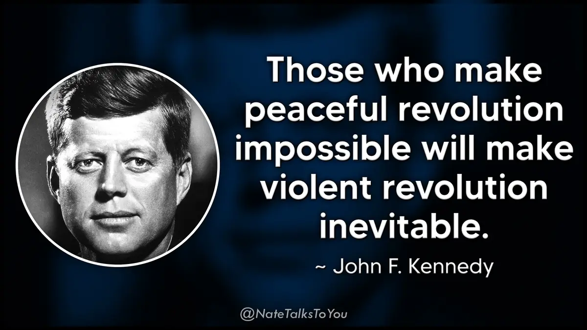 A black-and-white portrait of John F. Kennedy is shown in a circular frame on the left side of the image. To the right…