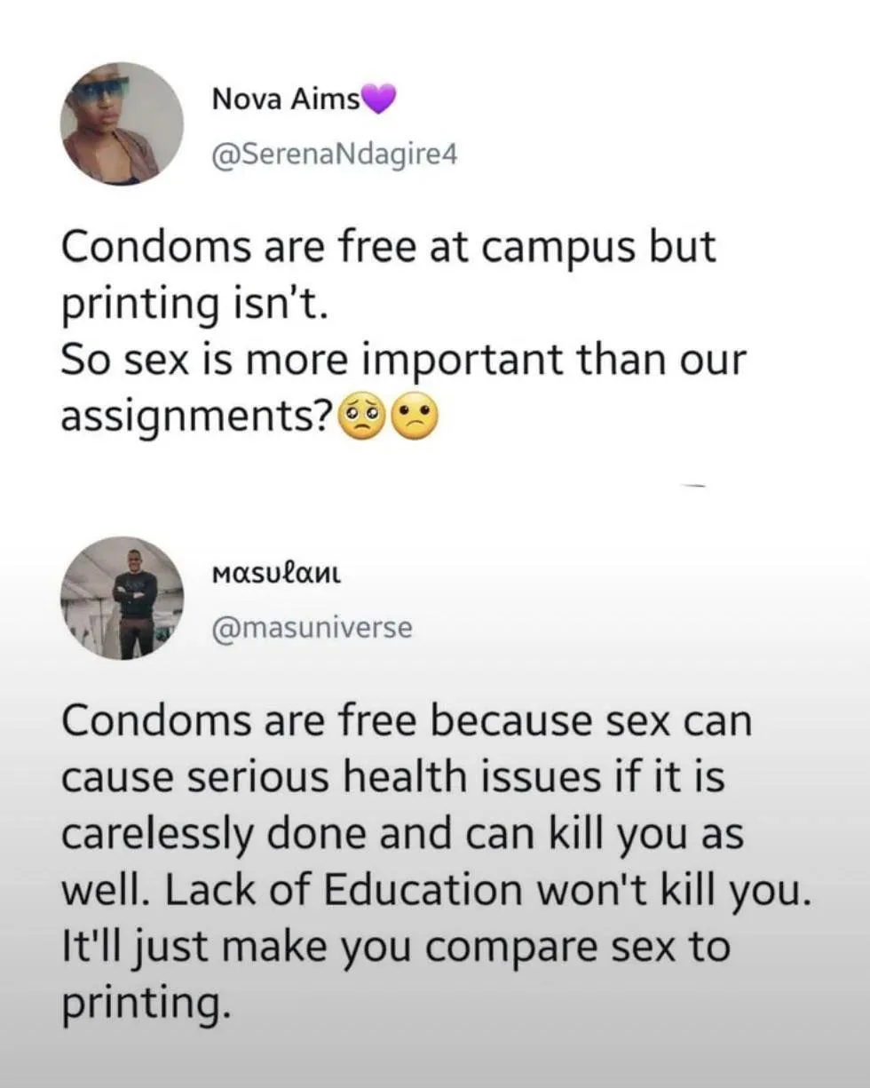 A screenshot of two Twitter replies. The first user, Nova Aims, jokes that since condoms are free but printing isn't, sex…