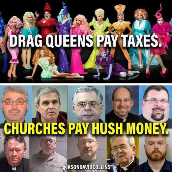 The image is split into two rows. The top row shows a group of drag queens in colorful, elaborate costumes posing against a…