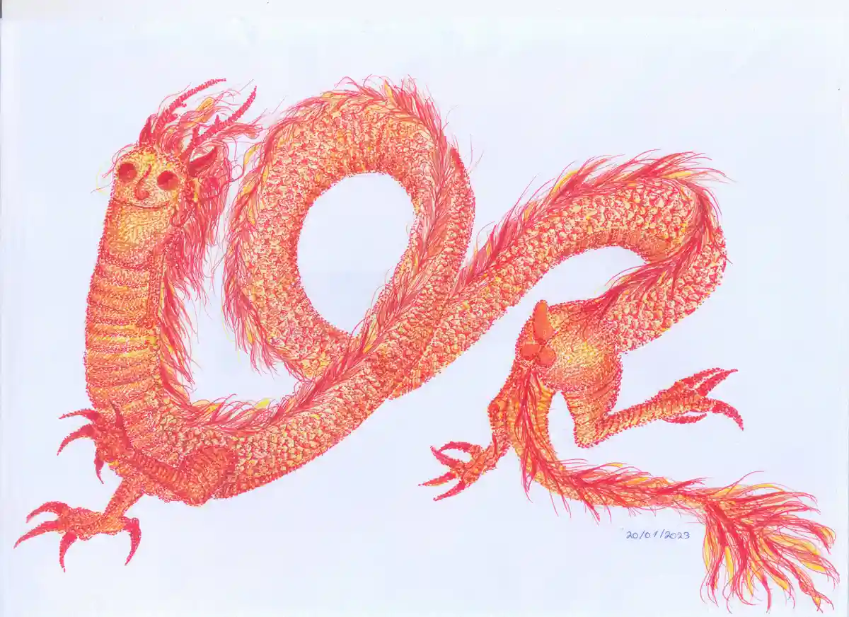 A hand-drawn illustration of a stylized red and orange dragon coiled into the shape of the number 100, with a cheerful face…