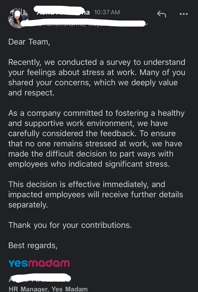 A screenshot of a corporate email from 'yesmadam' HR Manager, announcing that employees reporting 'significant stress' will…