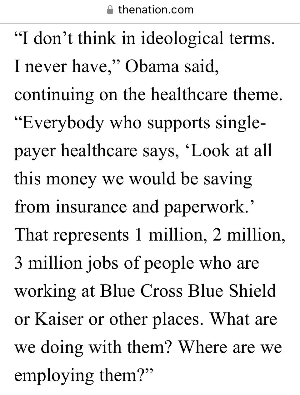 A screenshot of a news article from thenation.com featuring a quote attributed to Obama about single-payer healthcare, where…
