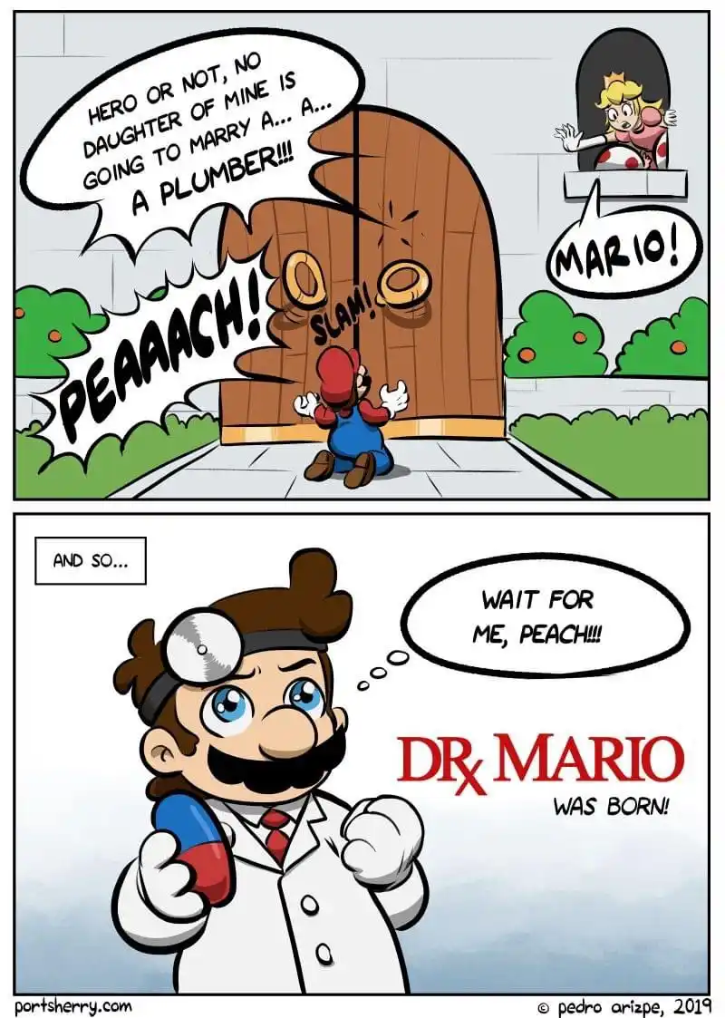 A two-panel comic shows Mario being rejected by Princess Peach at her castle door for being a plumber, then the second panel…