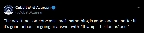A screenshot of a tweet from user CobaltAzurean, who states their new rule for answering whether something is good or bad…