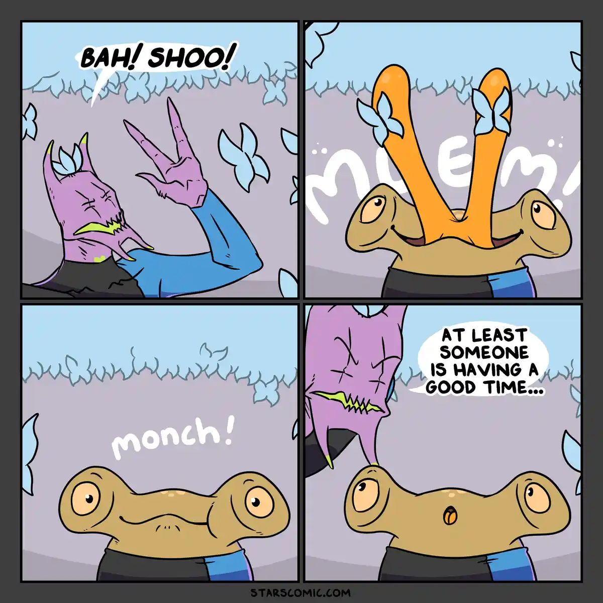 A four-panel comic shows a purple, horned creature angrily shooing blue butterflies while a brown, slug-like creature with…
