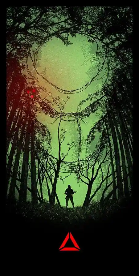 A lone figure stands in a dense, eerie forest with twisted trees and a glowing green sky. Red glowing eyes peer from the…