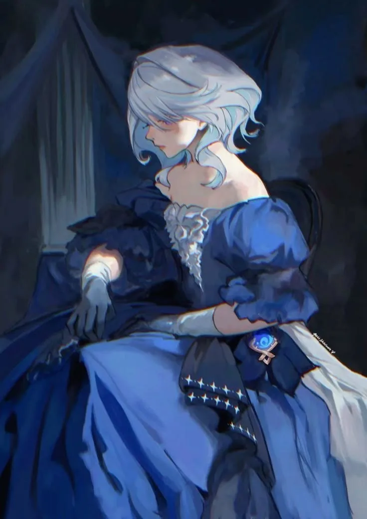 An anime-style illustration of a woman with silver hair, wearing a blue and black Victorian-style dress with white lace and…