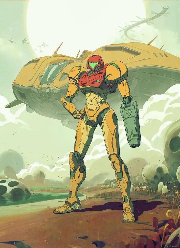 A character in a red and yellow armored suit stands confidently in a desert-like alien landscape with a large spaceship…