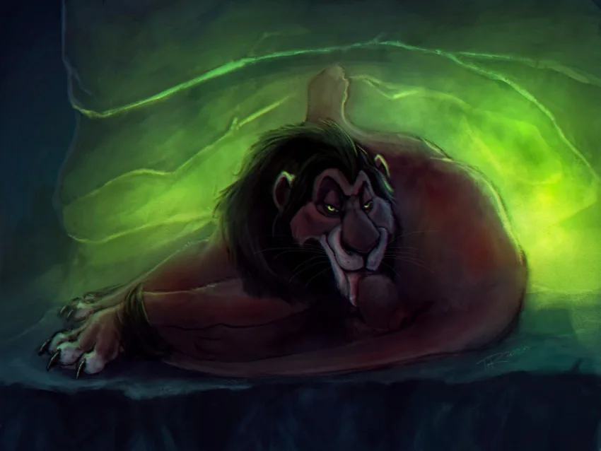 A digitally painted image shows a cartoon lion, resembling Scar from The Lion King, lying on his side in a dimly lit…