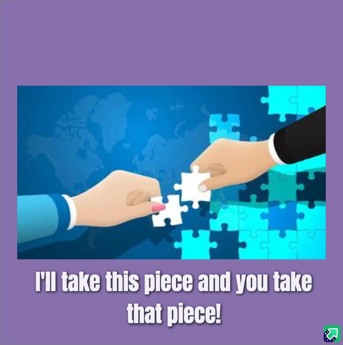 Two cartoon hands in business attire are holding separate white puzzle pieces, poised to fit them together against a blue…