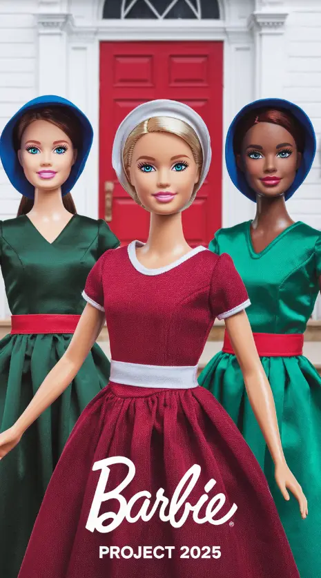 Three Barbie dolls dressed in historical Puritan-style clothing stand before a red door on a white house. The central doll…