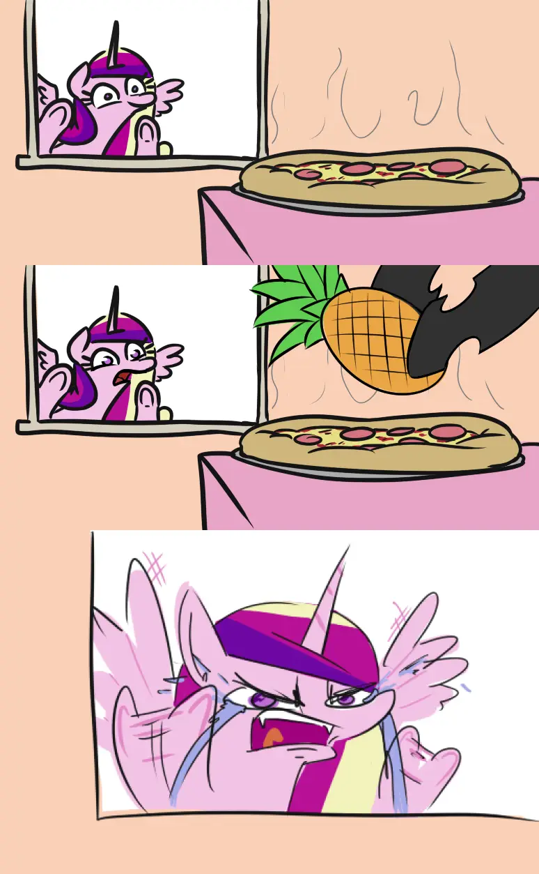 A three-panel comic shows a pink pony with a purple mane and horn watching a pizza being prepared. In the first panel, she…