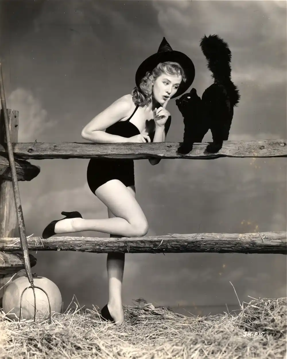 A vintage black-and-white photo shows a woman in a witch costume with a black cat beside her on a wooden fence. She has one…
