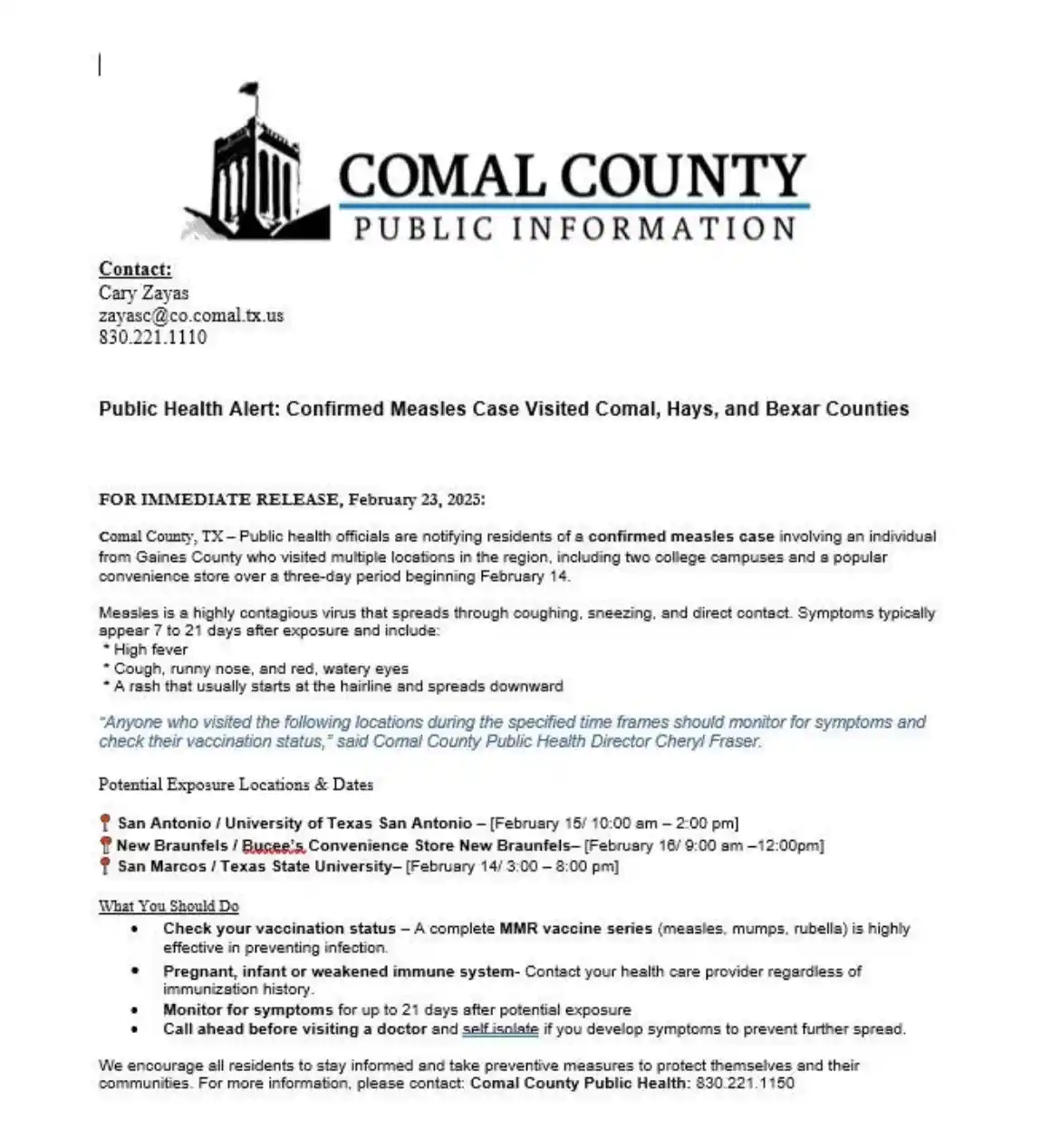 A formal-looking public health alert from Comal County, Texas, dated February 23, 2025, warns residents about a confirmed…