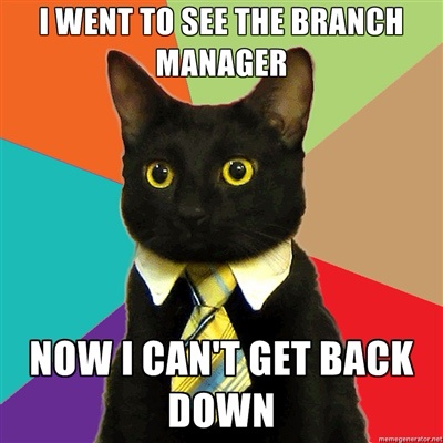 A black cat with large yellow eyes wears a white collared shirt and a yellow striped tie against a colorful geometric…
