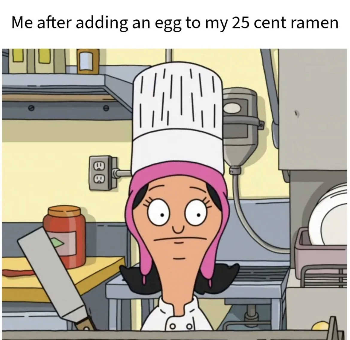 A cartoon woman in a chef's hat and apron stares blankly with wide eyes in a kitchen, overlaid with the text 'Me after…